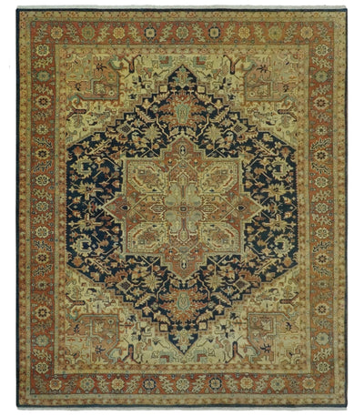 Large 8x11 Fine Hand Knotted Blue and Rust Traditional Vintage Heriz Serapi Antique Wool Rug | TRDCP479811 - The Rug Decor