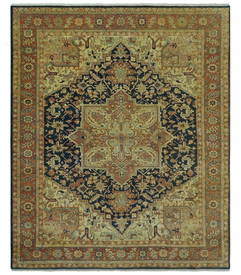 Large 8x11 Fine Hand Knotted Blue and Rust Traditional Vintage Heriz Serapi Antique Wool Rug | TRDCP479811 - The Rug Decor