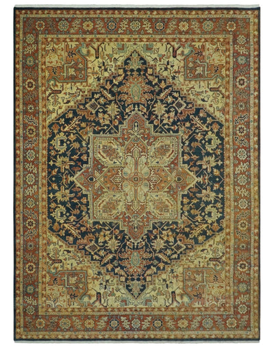 Large 8x11 Fine Hand Knotted Blue and Rust Traditional Vintage Heriz Serapi Antique Wool Rug | TRDCP479811 - The Rug Decor