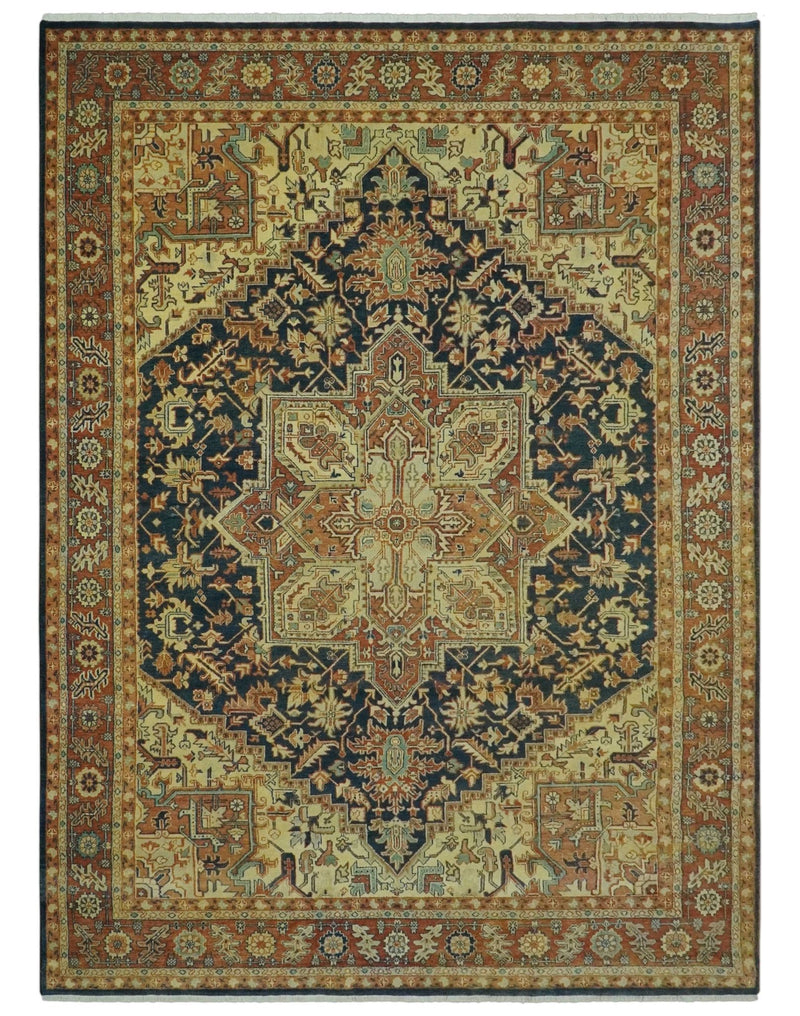 Large 8x11 Fine Hand Knotted Blue and Rust Traditional Vintage Heriz Serapi Antique Wool Rug | TRDCP479811 - The Rug Decor