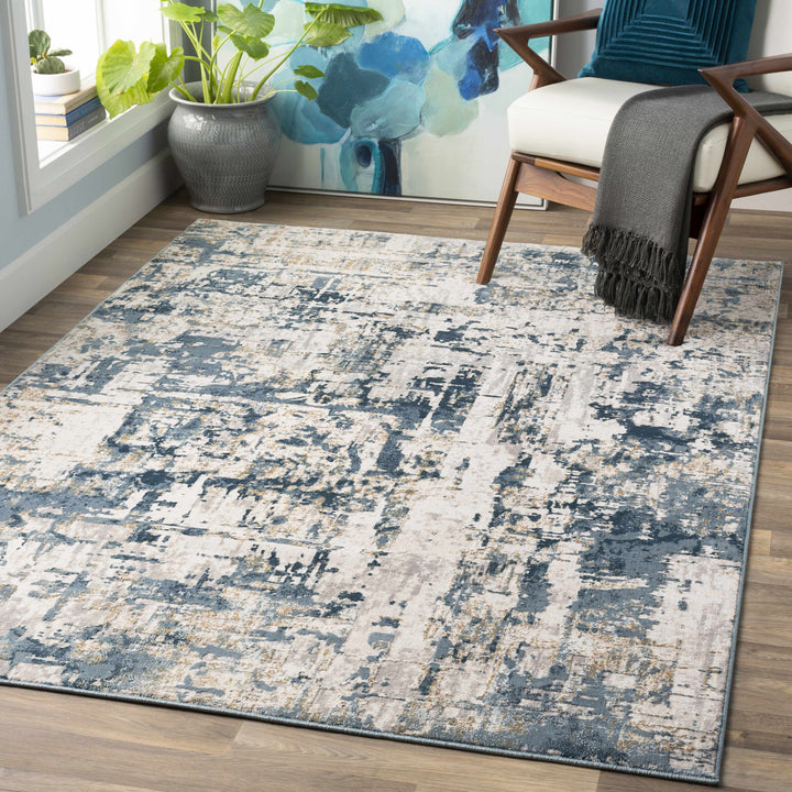 Larne Modern Abstract Design Ivory And Blue Area Rug