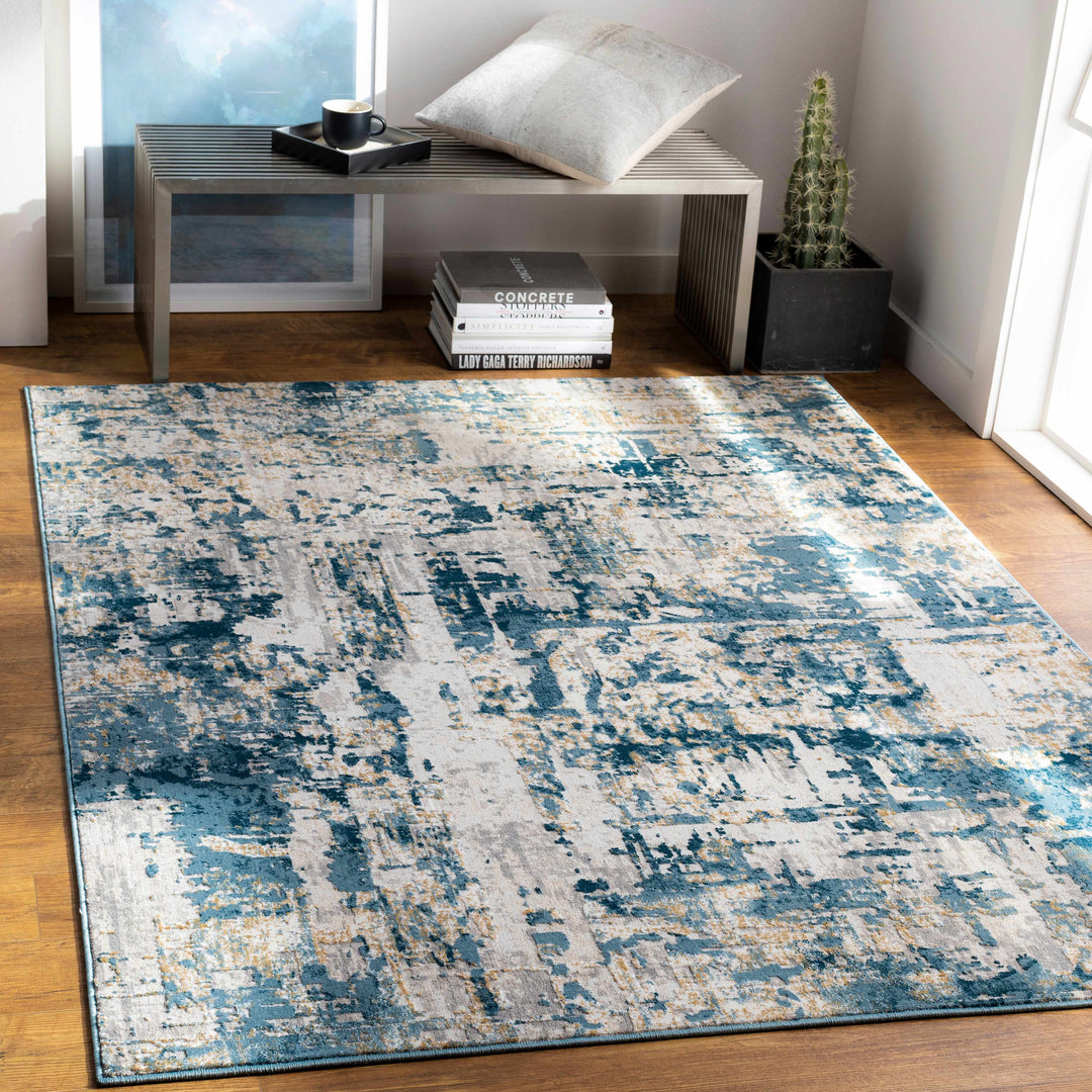 Larne Modern Abstract Design Ivory And Blue Area Rug