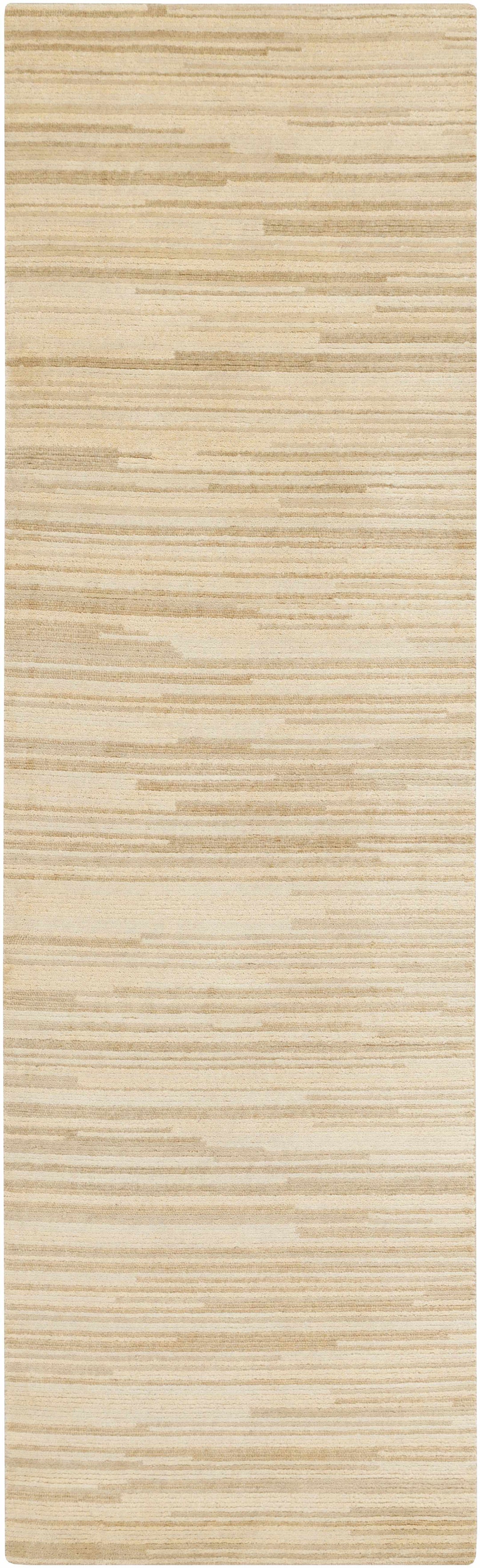Beige hand-knotted wool area rug in narrow rectangle with abstract horizontal stripes