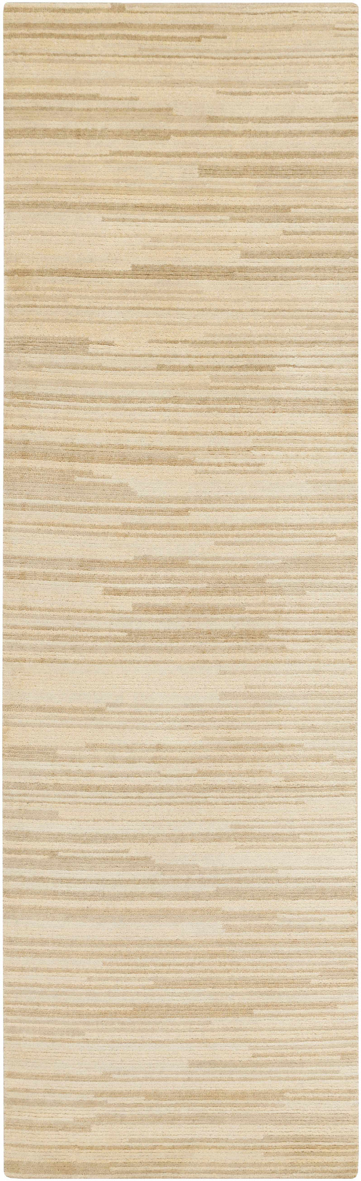 Beige hand-knotted wool area rug in narrow rectangle with abstract horizontal stripes