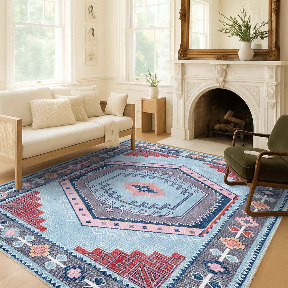 Leena Blue Multicolor Washable Oushak Area Rug - The Rug Decor