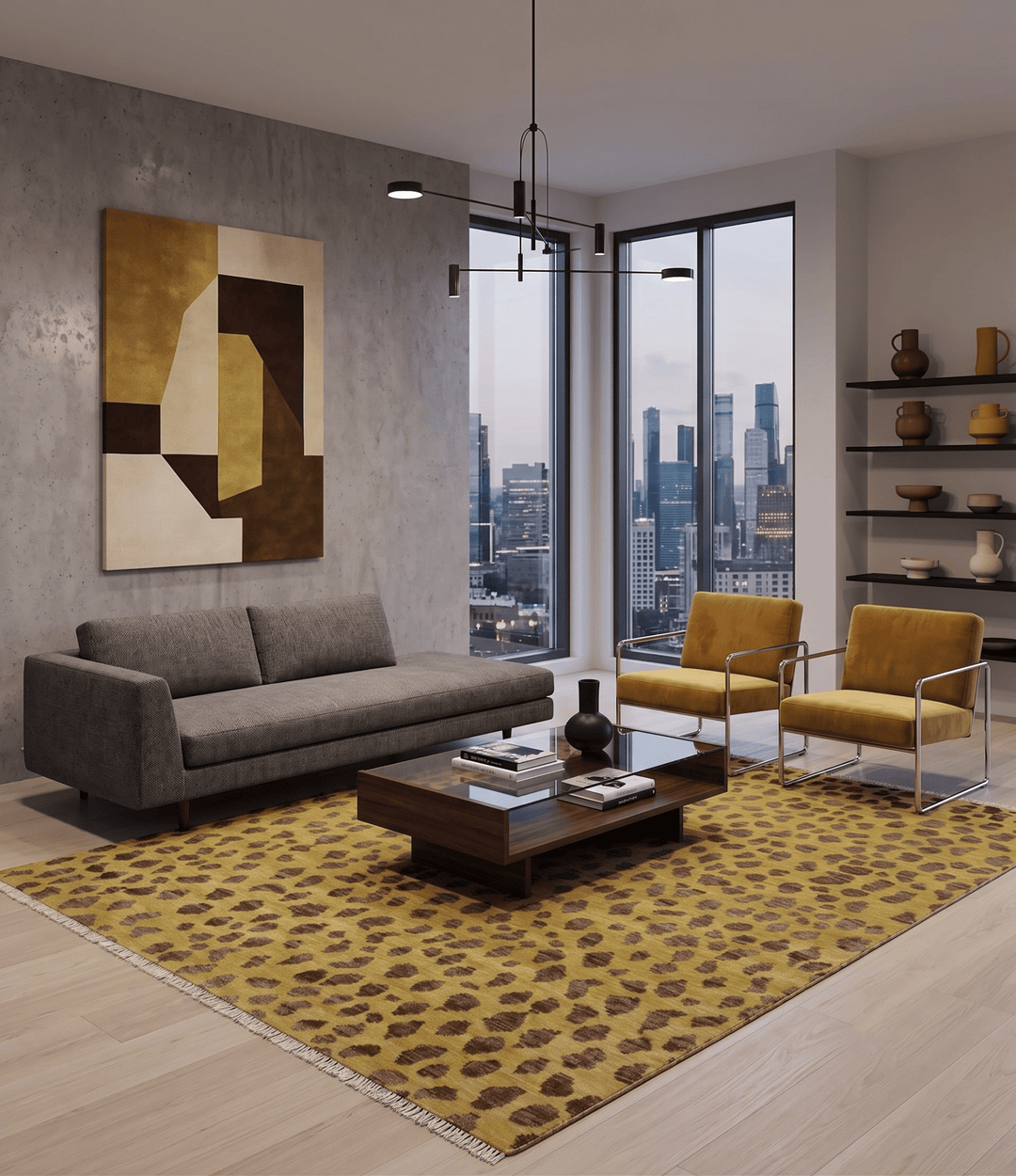 Leopard Design Mustard and Dark Plum Hand Knotted Custom Made wool area rug - The Rug Decor