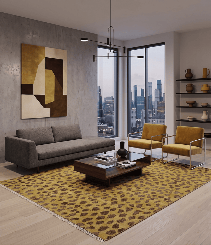 Leopard Design Mustard and Dark Plum Hand Knotted Custom Made wool area rug - The Rug Decor