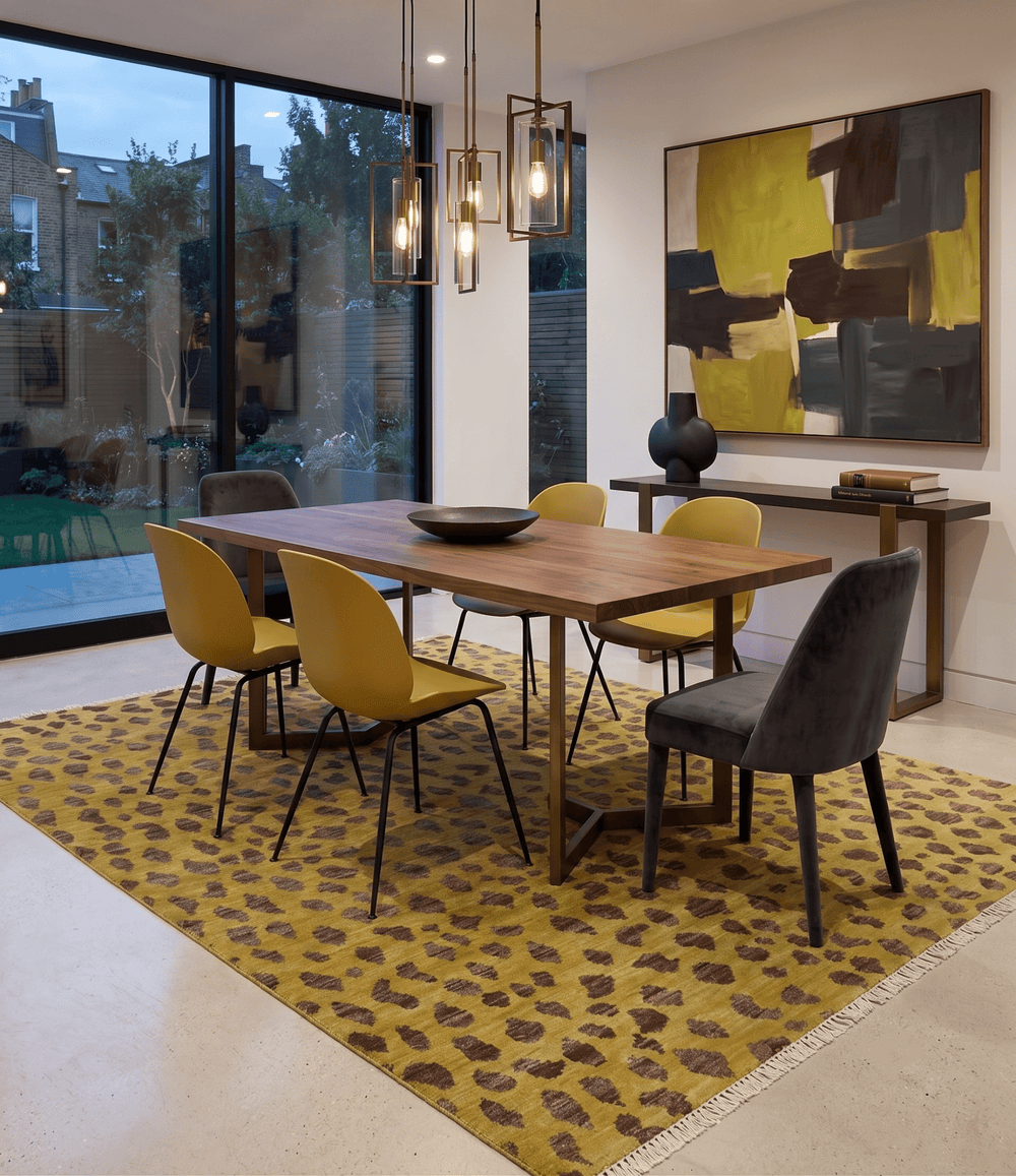 Leopard Design Mustard and Dark Plum Hand Knotted Custom Made wool area rug - The Rug Decor