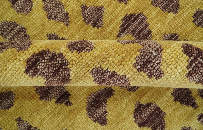 Leopard Design Mustard and Dark Plum Hand Knotted Custom Made wool area rug - The Rug Decor