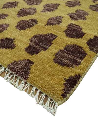 Leopard Design Mustard and Dark Plum Hand Knotted Custom Made wool area rug - The Rug Decor