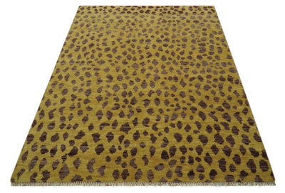 Leopard Design Mustard and Dark Plum Hand Knotted Custom Made wool area rug - The Rug Decor