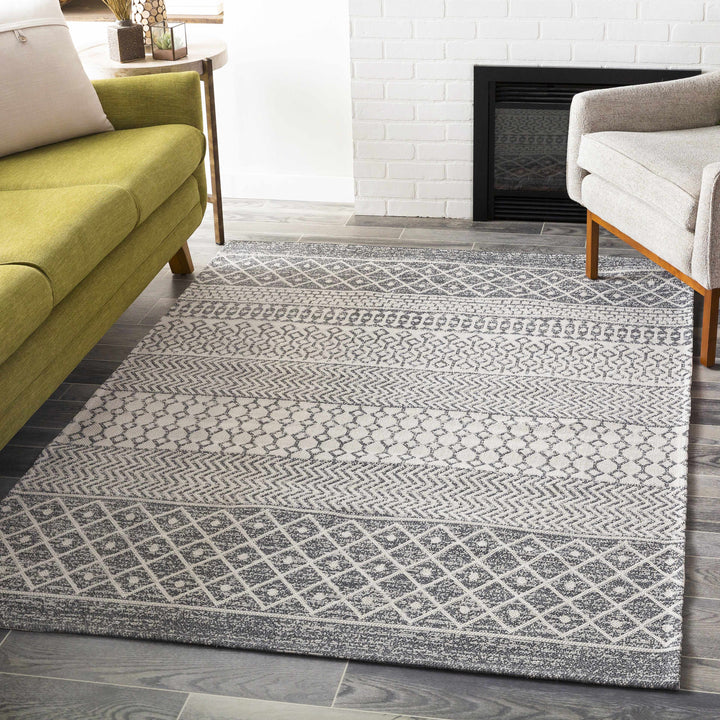 Lester Modern Geometrical Design Ivory And Charcoal Washable Area Rug