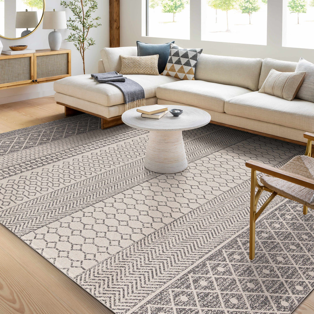 Lester Modern Geometrical Design Ivory And Charcoal Washable Area Rug