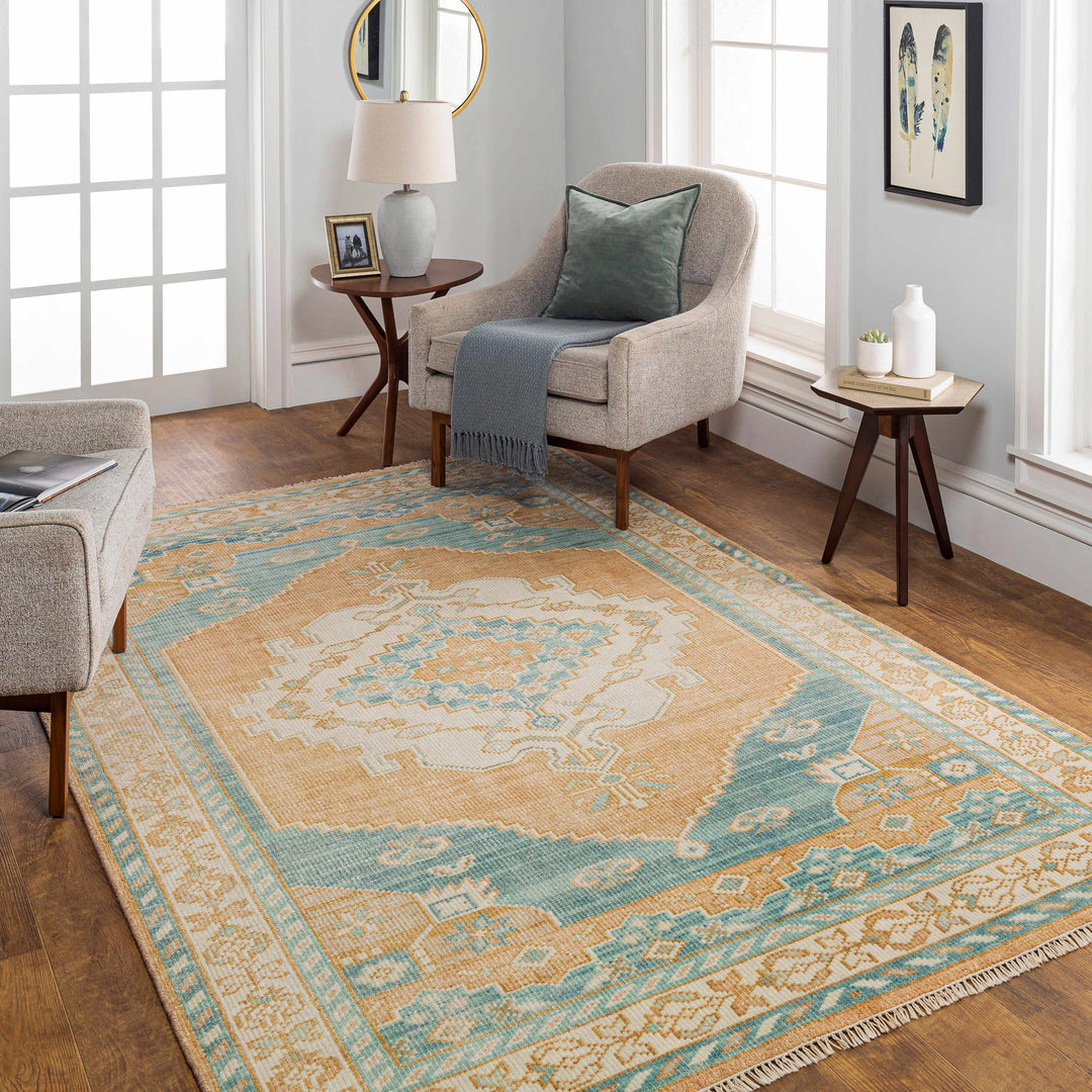Ligayan Traditional Beige And Blue Hand Knotted Wool Rug