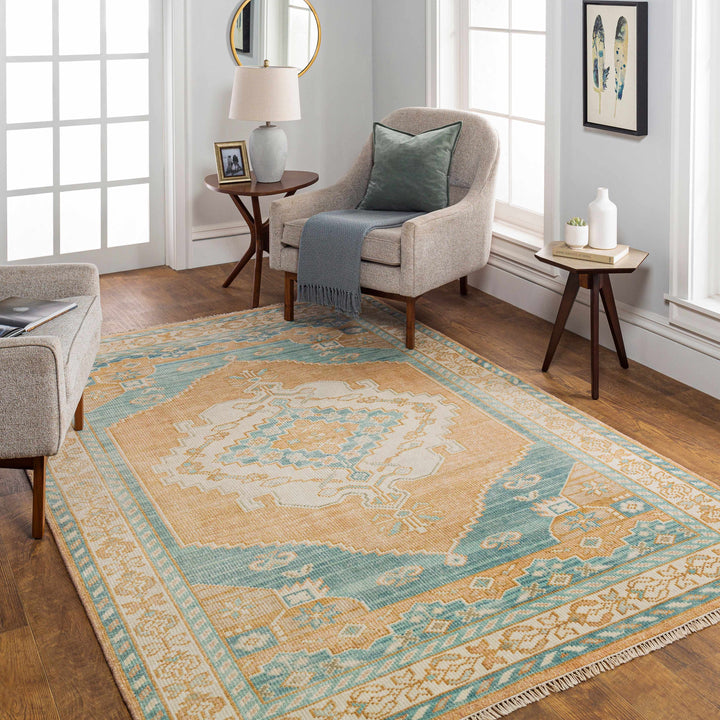 Ligayan Traditional Beige And Blue Hand Knotted Wool Rug
