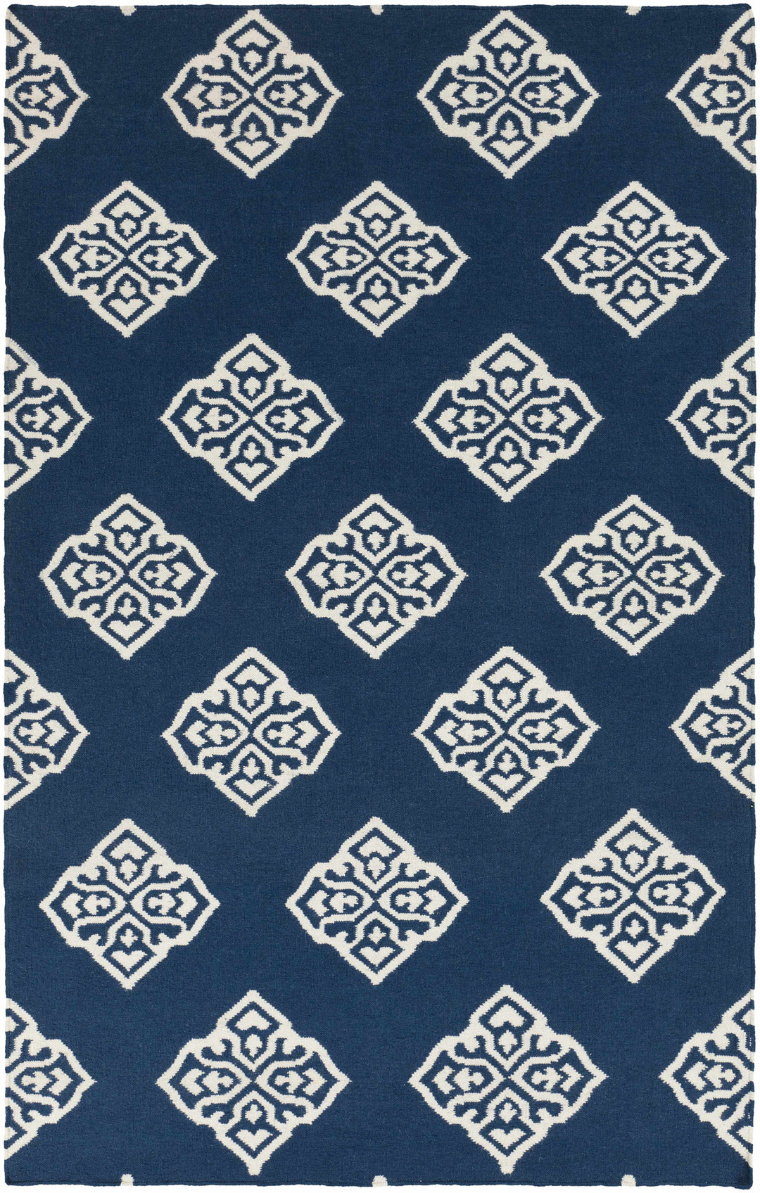 Blue hand-woven area rug with repeating ivory diamond medallion pattern