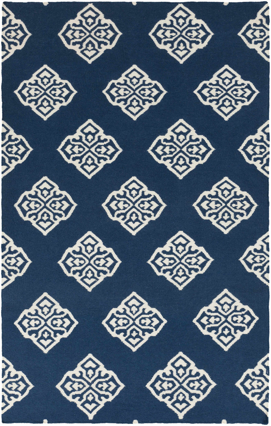 Blue hand-woven area rug with repeating ivory diamond medallion pattern