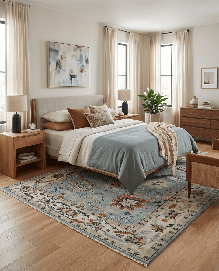 Light Blue and Ivory hand knotted Vibrant colorful Traditional Oushak Wool Area Rug - The Rug Decor