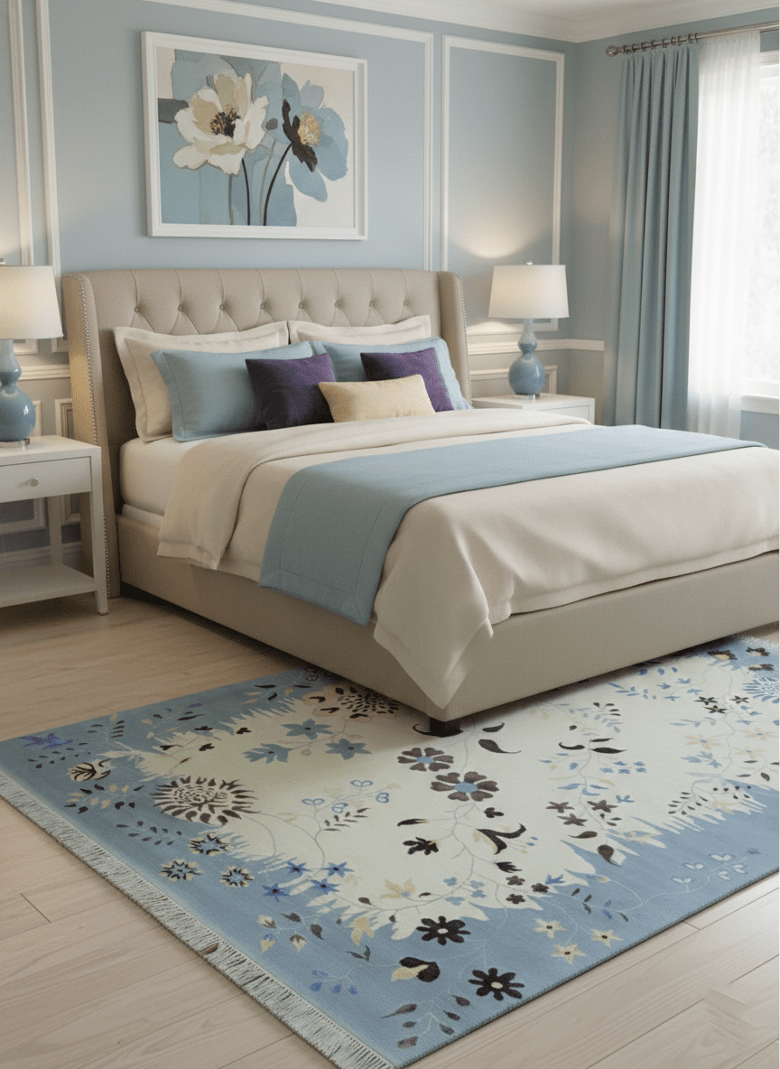 Light Blue, Ivory, Charcoal and Brown Hand Knotted Traditional Floral 6.6x10 Wool Area Rug - The Rug Decor