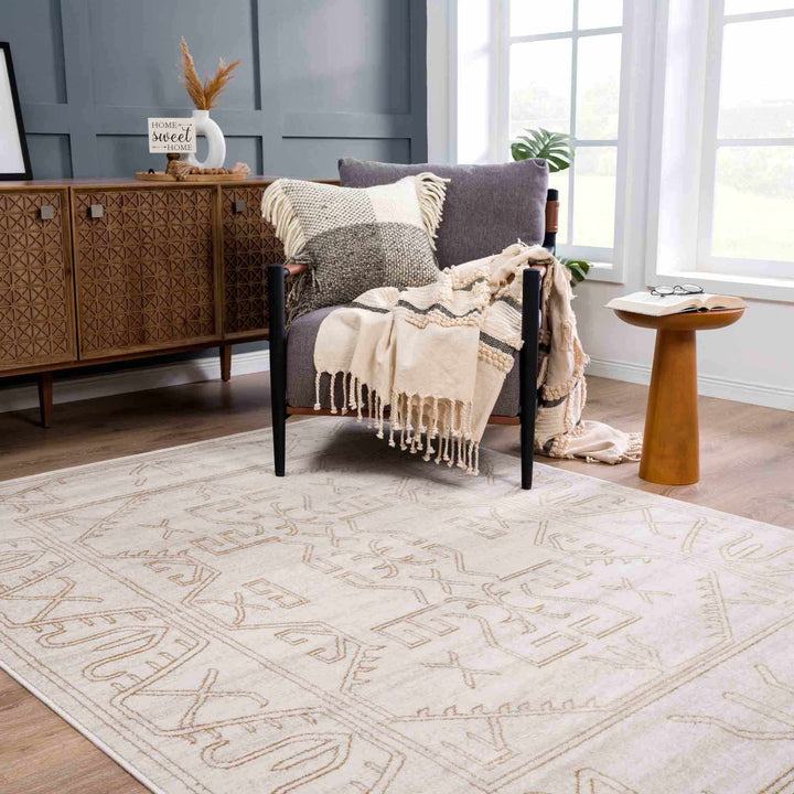Light Peach and Gold Contemporary Tribal Design Area Rug - The Rug Decor