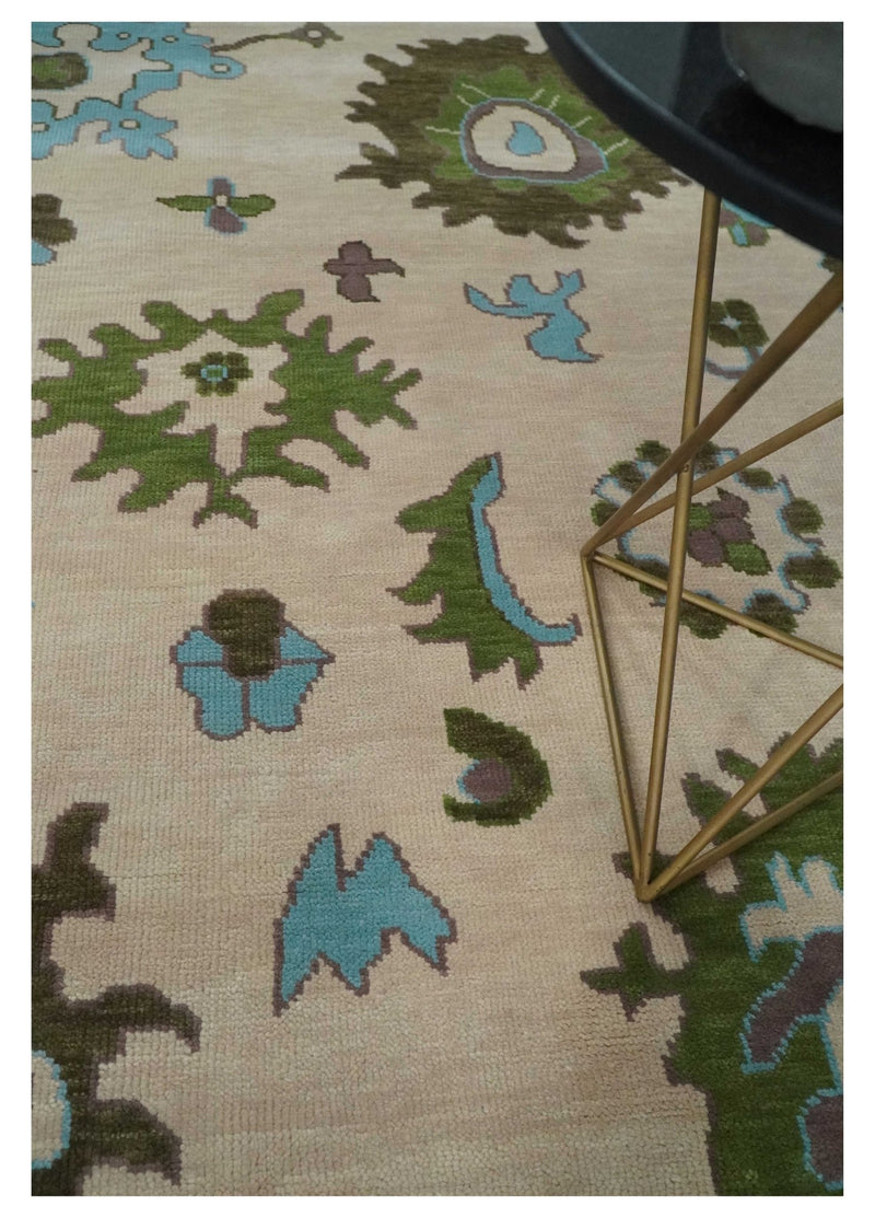 Light Peach, Green and Aqua Hand knotted Traditional Oushak 9x12 wool Area Rug - The Rug Decor