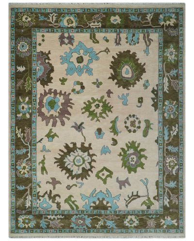 Light Peach, Green and Aqua Hand knotted Traditional Oushak 9x12 wool Area Rug - The Rug Decor