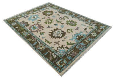 Light Peach, Green and Aqua Hand knotted Traditional Oushak 9x12 wool Area Rug - The Rug Decor