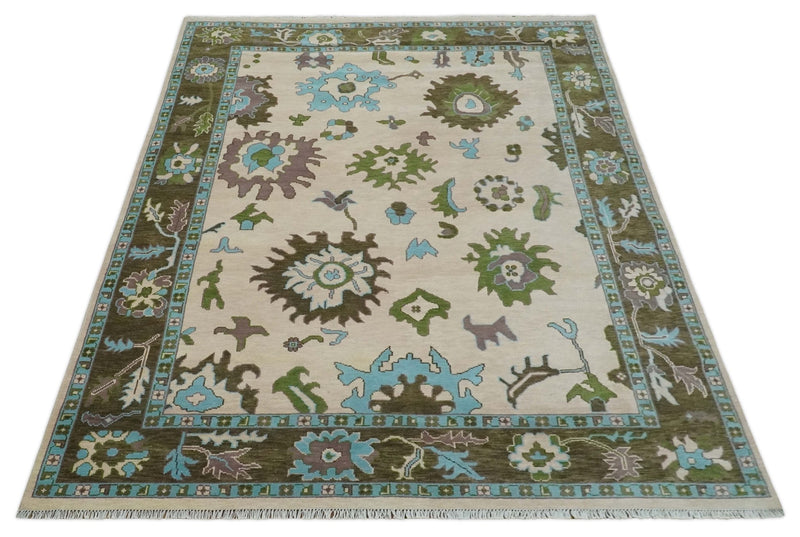 Light Peach, Green and Aqua Hand knotted Traditional Oushak 9x12 wool Area Rug - The Rug Decor