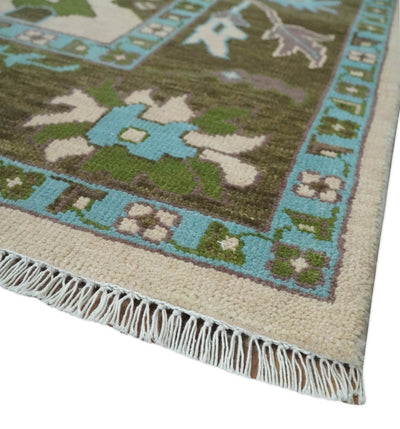 Light Peach, Green and Aqua Hand knotted Traditional Oushak 9x12 wool Area Rug - The Rug Decor