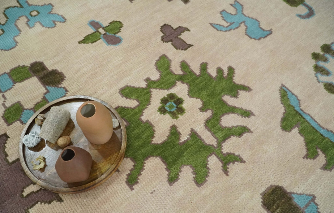 Light Peach, Green and Aqua Hand knotted Traditional Oushak 9x12 wool Area Rug - The Rug Decor