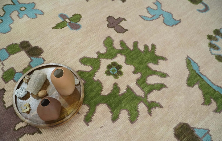 Light Peach, Green and Aqua Hand knotted Traditional Oushak 9x12 wool Area Rug - The Rug Decor