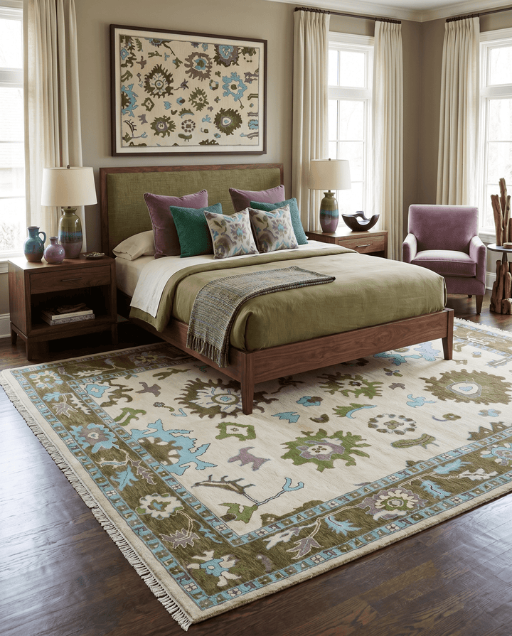 Light Peach, Green and Aqua Hand knotted Traditional Oushak Multi size wool Area Rug - The Rug Decor