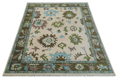 Light Peach, Green and Aqua Hand knotted Traditional Oushak Multi size wool Area Rug - The Rug Decor