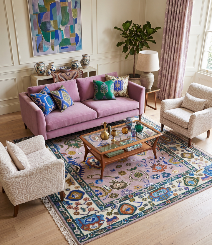 Light Purple, Ivory and Blue Hand knotted Traditional Oushak Multi Size wool Area Rug - The Rug Decor