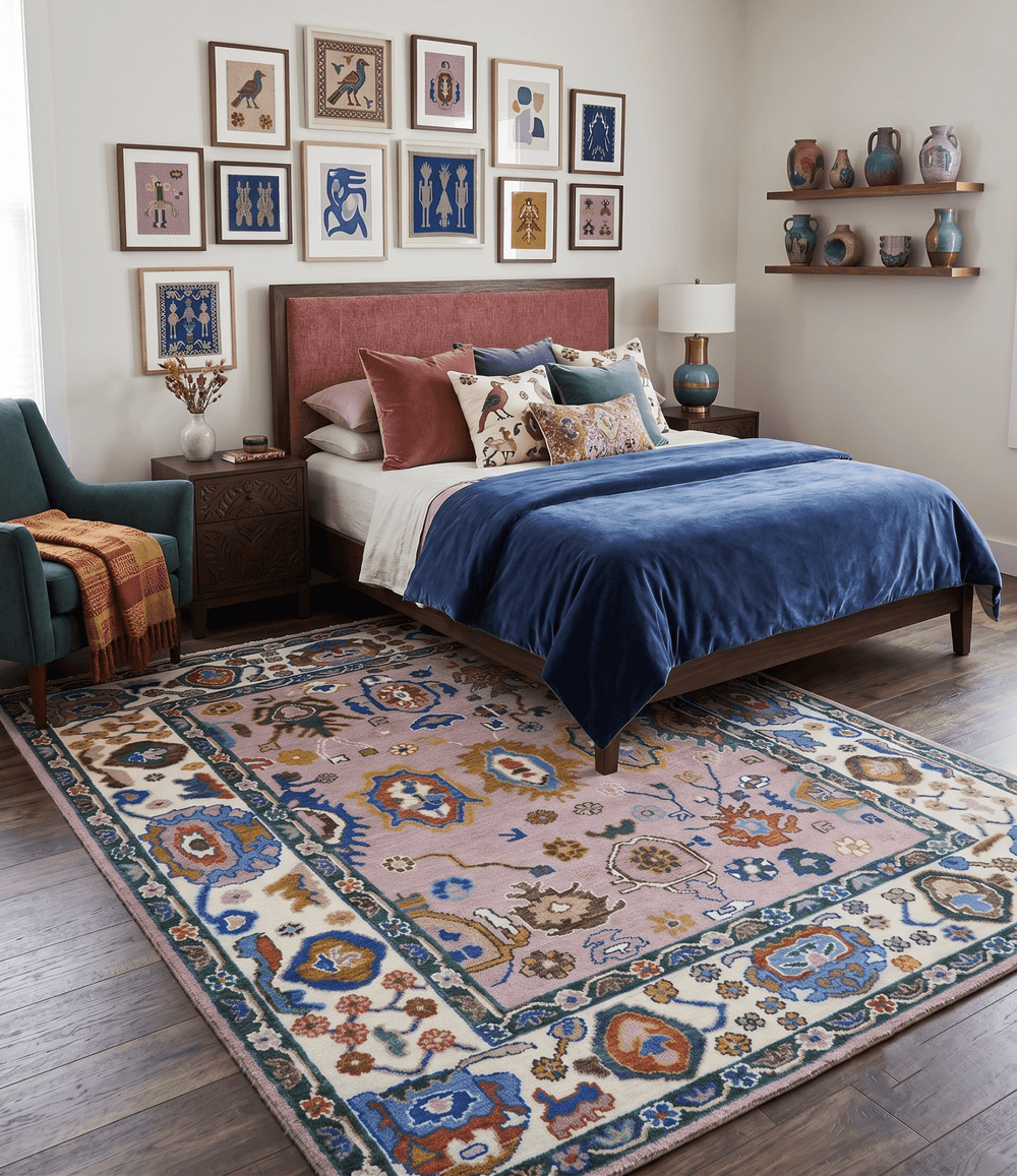Light Purple, Ivory and Blue Hand knotted Traditional Oushak Multi Size wool Area Rug - The Rug Decor
