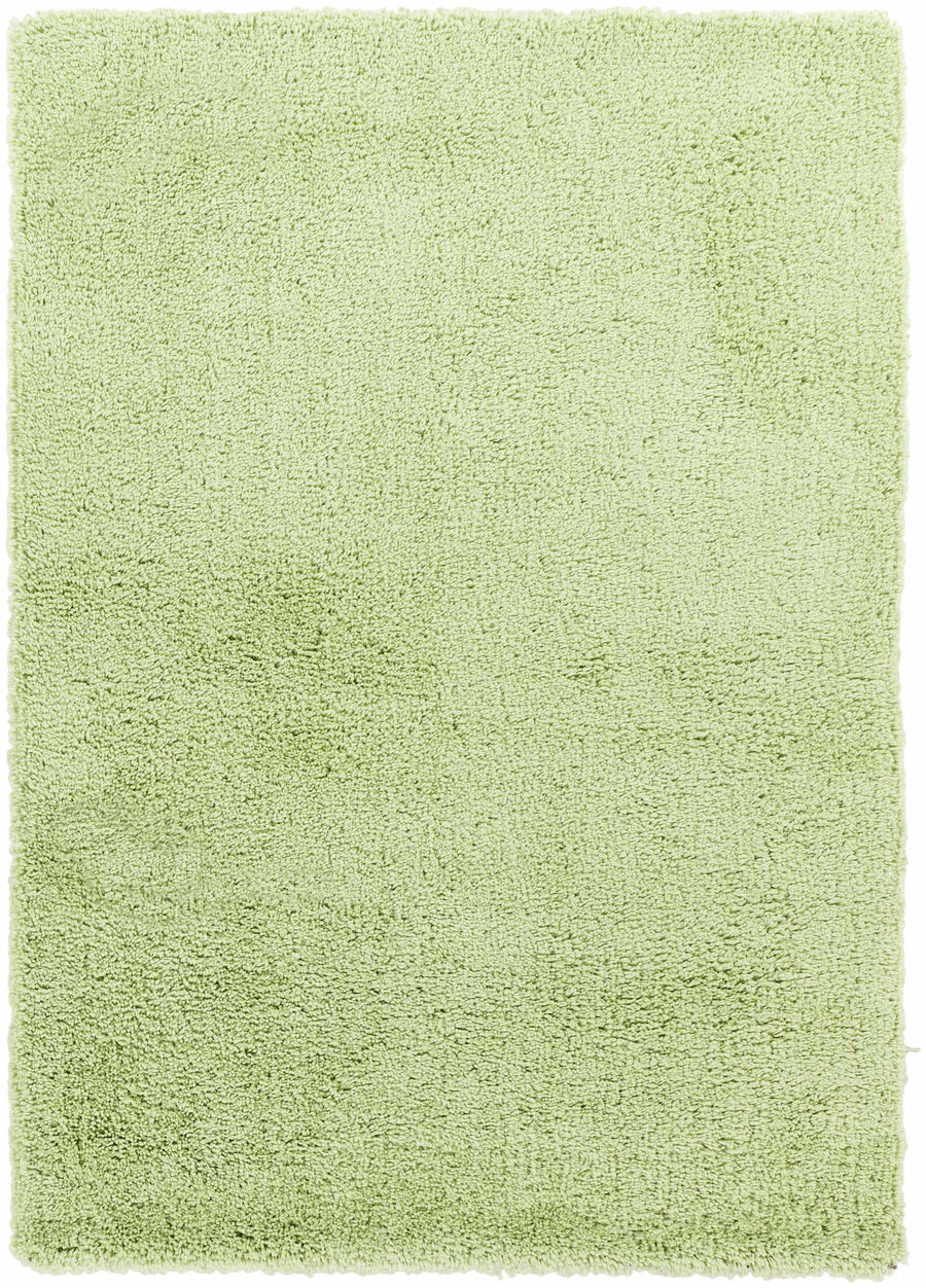 Green solid hand-woven rug with plush looped pile, rectangular