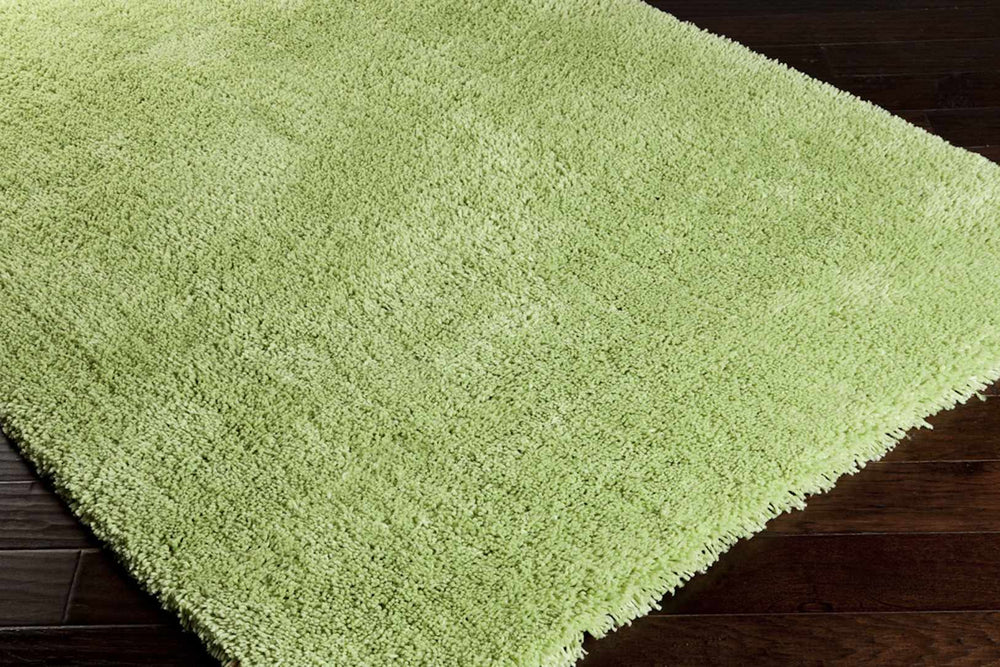 Green rectangular rug with plush shag texture, laid diagonally on wood floor