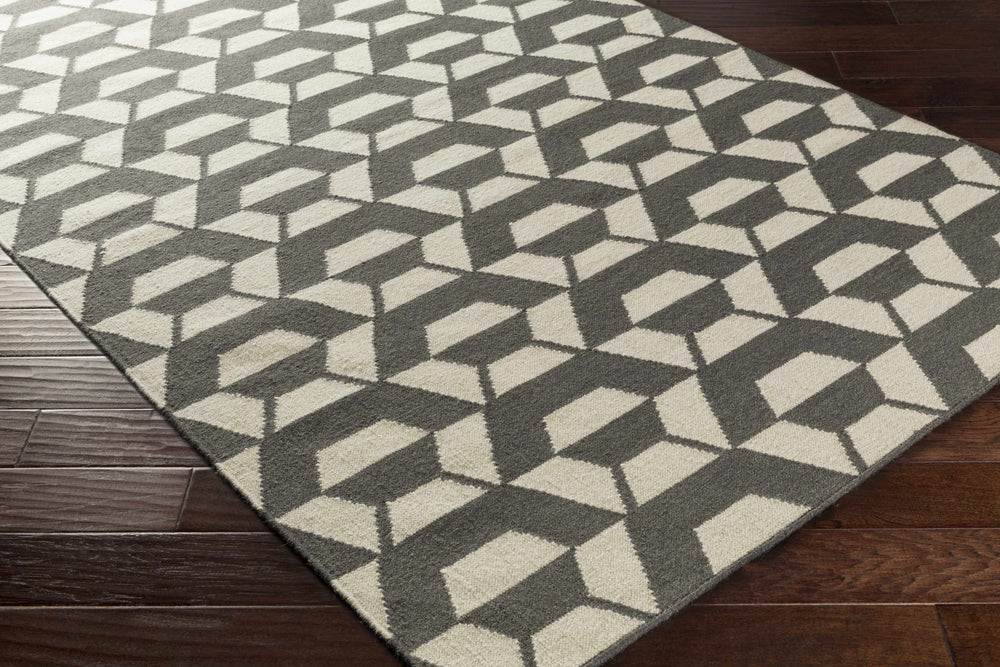 Contemporary area rug with charcoal and ivory interlocking hexagon design
