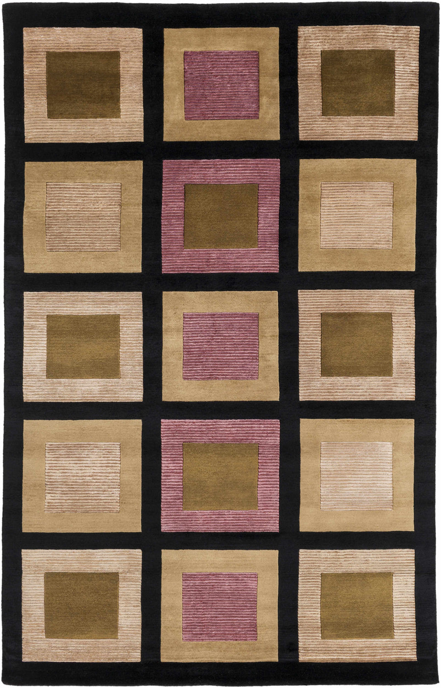 Hand-knotted wool area rug with black border and geometric square panels in brown tones