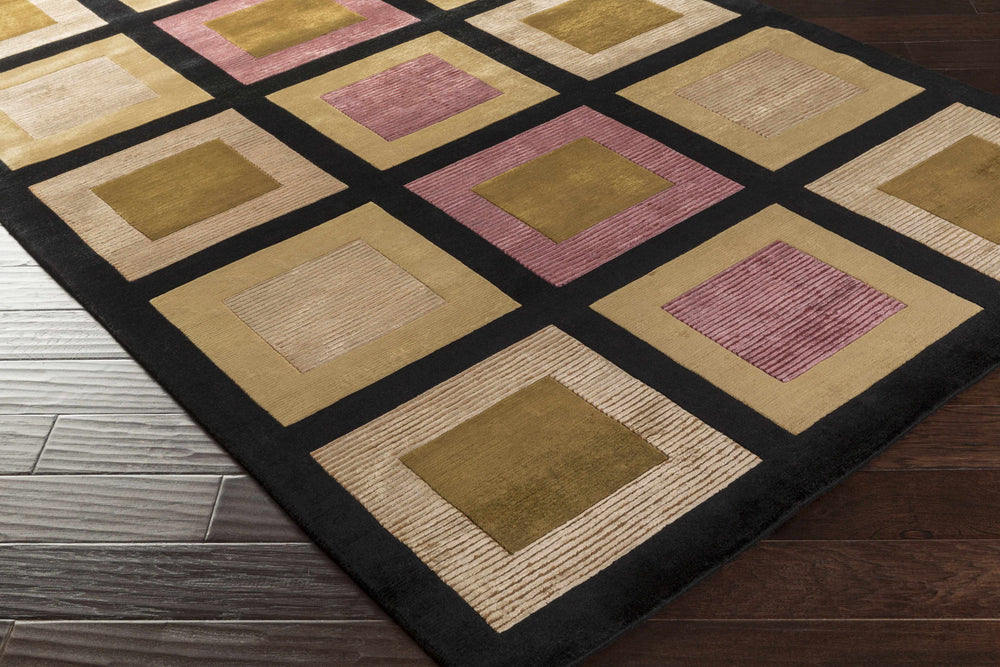 Geometric wool area rug with black grid and brown, beige, and rose square motifs