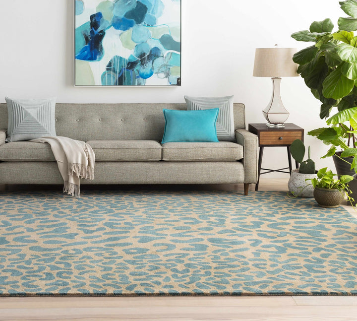 Lockbourne Contemporary Teal And Beige Leopard Design Area Rug - The Rug Decor