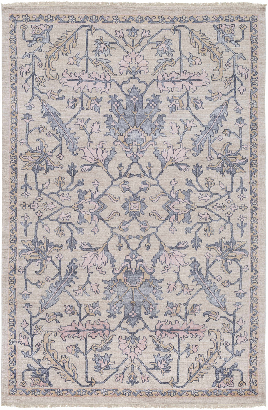 Traditional area rug with light beige base and blue-gray ornate border, fringed ends