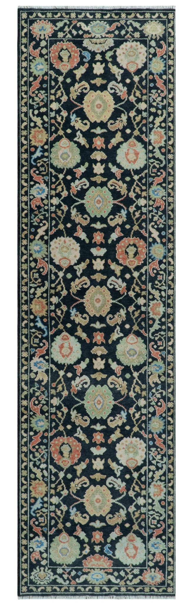 Long Runner 4x15 Hand Knotted Black Colorful Oushak Wool Rug - The Rug Decor