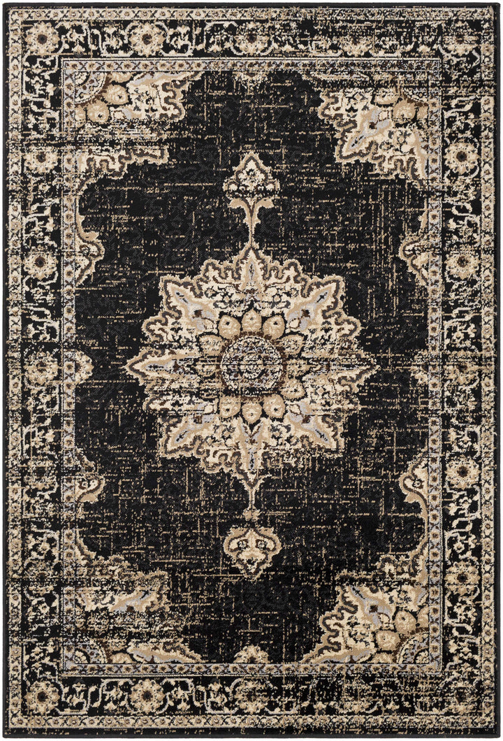 Lostwithiel Black And Beige Traditional Medallion Design Area Rug