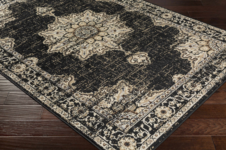Lostwithiel Black And Beige Traditional Medallion Design Area Rug