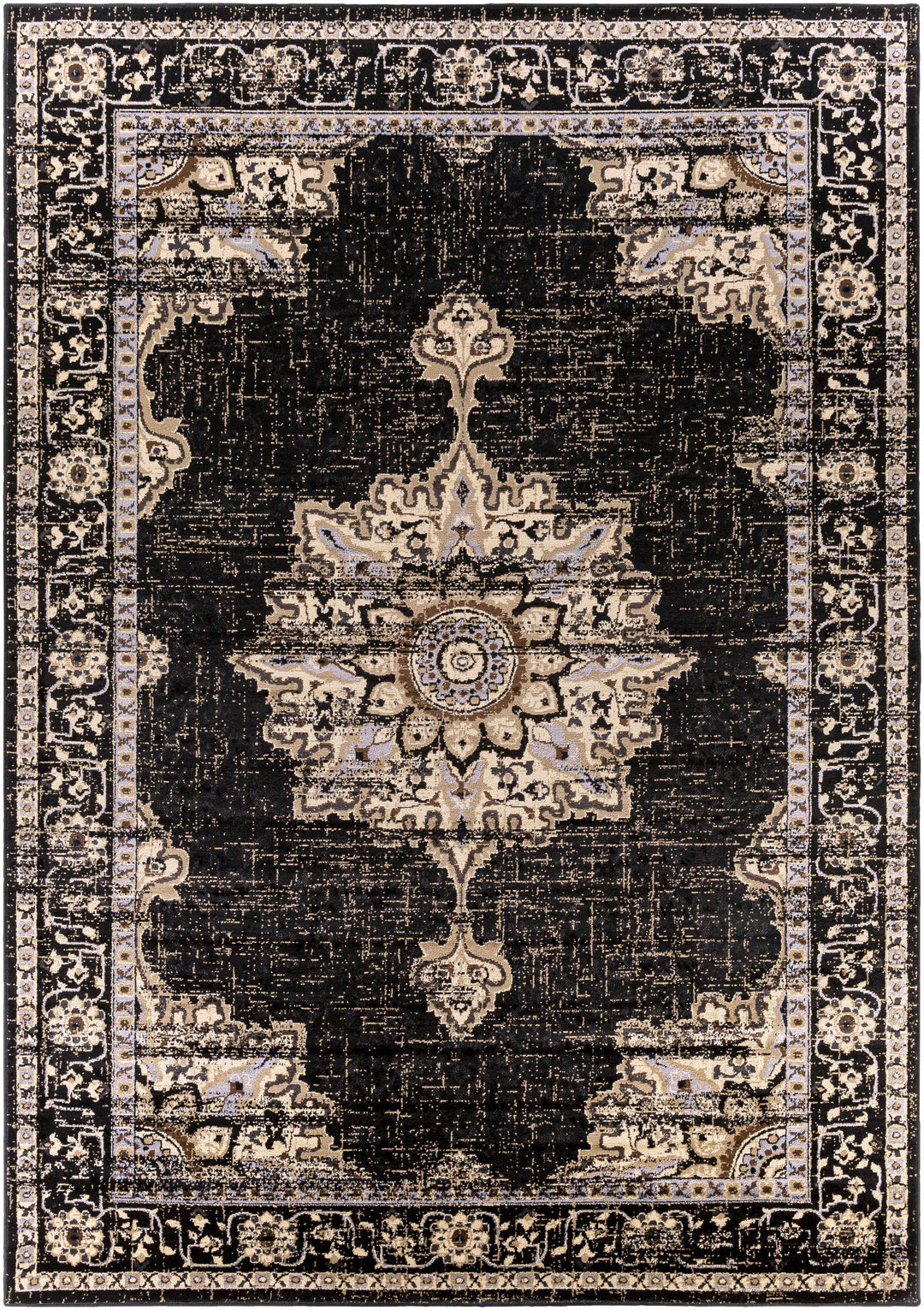 Lostwithiel Black And Beige Traditional Medallion Design Area Rug