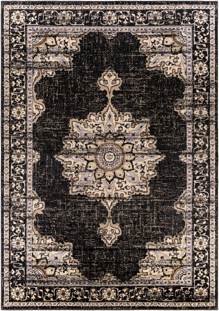 Lostwithiel Black And Beige Traditional Medallion Design Area Rug