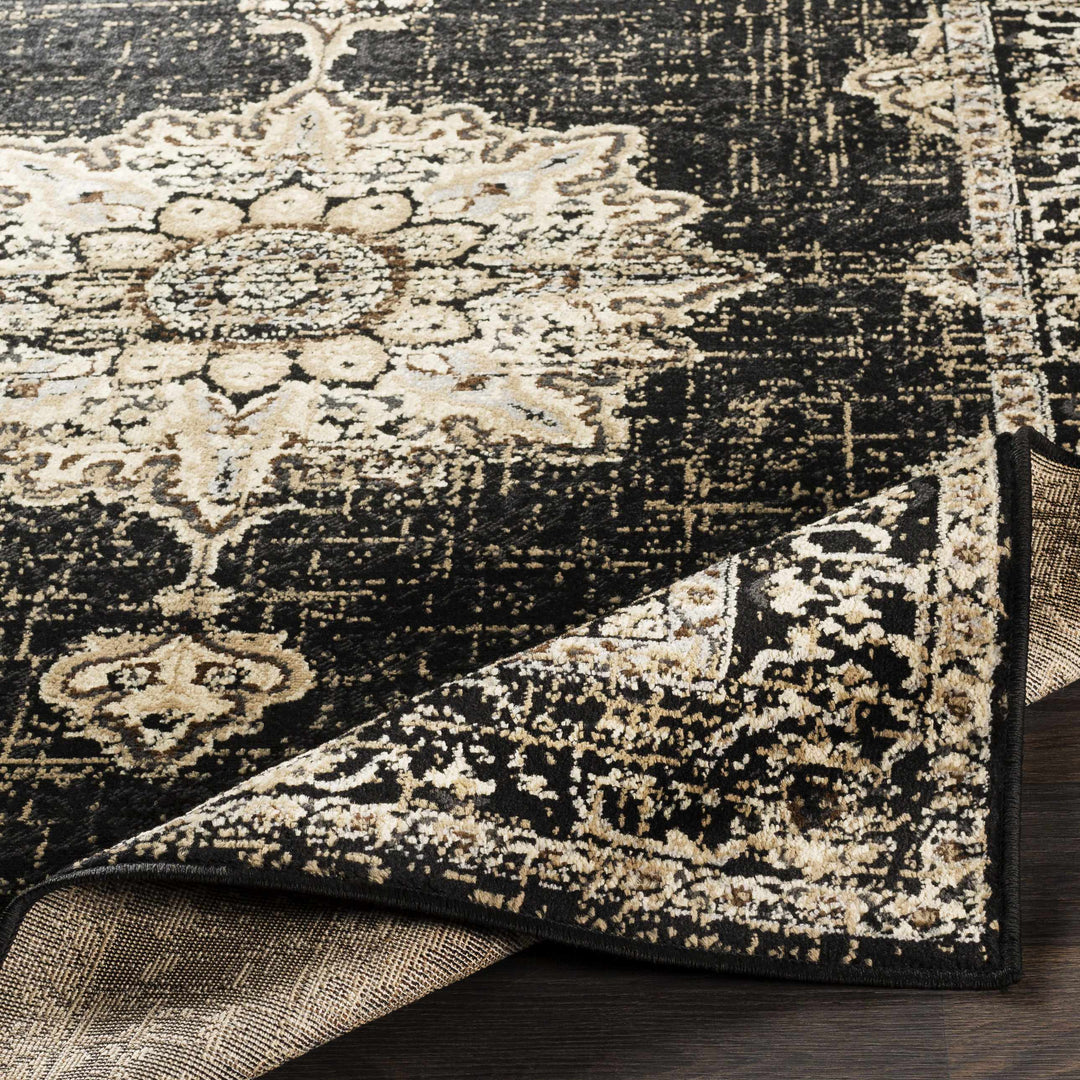 Lostwithiel Black And Beige Traditional Medallion Design Area Rug