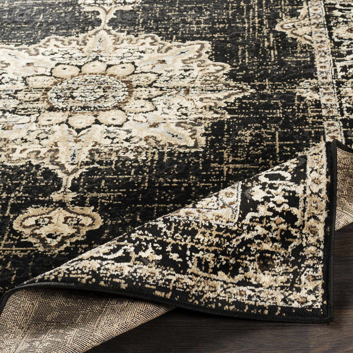 Lostwithiel Black And Beige Traditional Medallion Design Area Rug