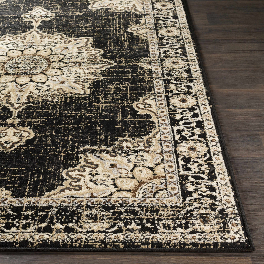 Lostwithiel Black And Beige Traditional Medallion Design Area Rug